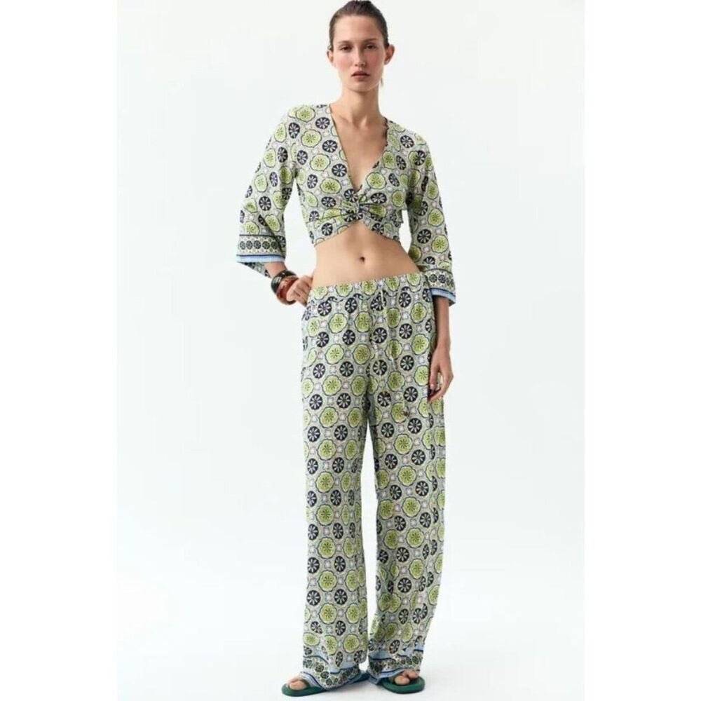 Zara Womans Pants XS Green Floral Wide Leg High Waisted Trousers 2587/072 NWT